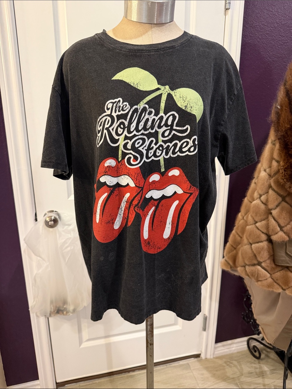 The Rolling Stones Black Tee with Red Tongue & Lime Cherry Graphic